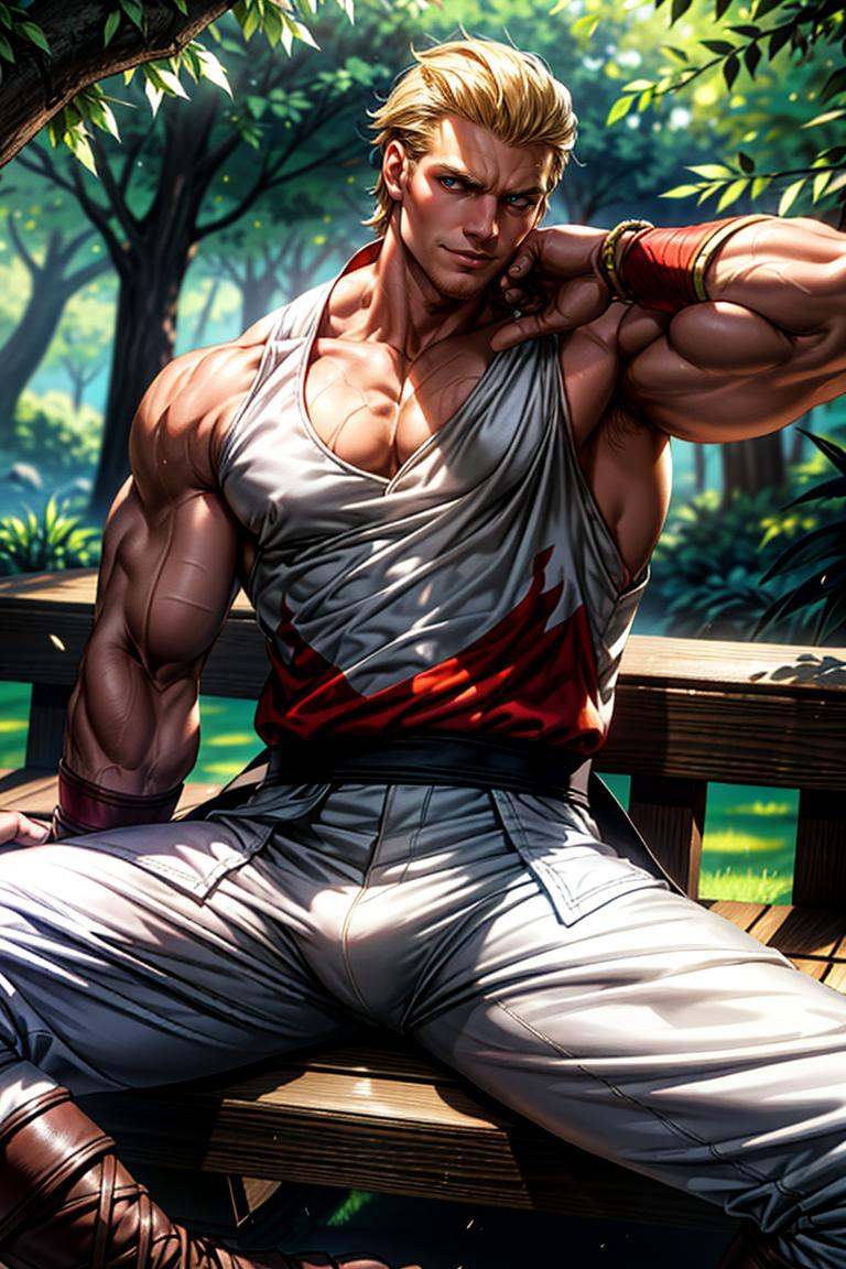 (masterpiece,  best quality:1.2),  man,  solo,  1guy,  sleeveless jumper,  white top,  black belt,  bracelets,  white pants,  boots,  smirk,  (depth of field:1.1),  ,  photo of person,  sitting,  at the park,  masterpiece,  highness,  perfect face,  perfect picture,  detailed eyes,  sharp focus, High detailed view,<lora:EMS-94724-EMS:1.000000>