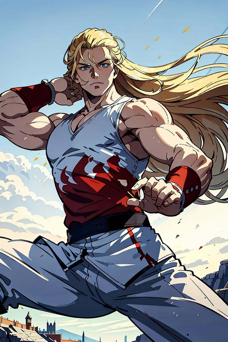 (masterpiece,  best quality:1.2),  man,  solo,  1guy,  blonde long hair,  sleeveless jumper,  white top,  black belt,  bracelets,  white pants,  boots,  smirk,  (depth of field:1.1),  ,  jumping,  at the castle,  view from below,  highness,  perfect face,  perfect picture,  detailed eyes,  sharp focus,<lora:EMS-94724-EMS:0.920000>