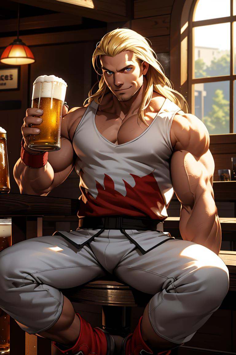 (masterpiece,  best quality:1.2),  man,  solo,  1guy,  long blonde hair,  sleeveless jumper,  white top,  black belt,  bracelets,  white pants,  red boots,  smirk,  (depth of field:1.1),  ,  photo of person,  at the pub,  holding a beer pint,  sitting.,  perfect face,  perfect picture,  detailed eyes,  sharp focus, best quality,<lora:EMS-94724-EMS:0.950000>