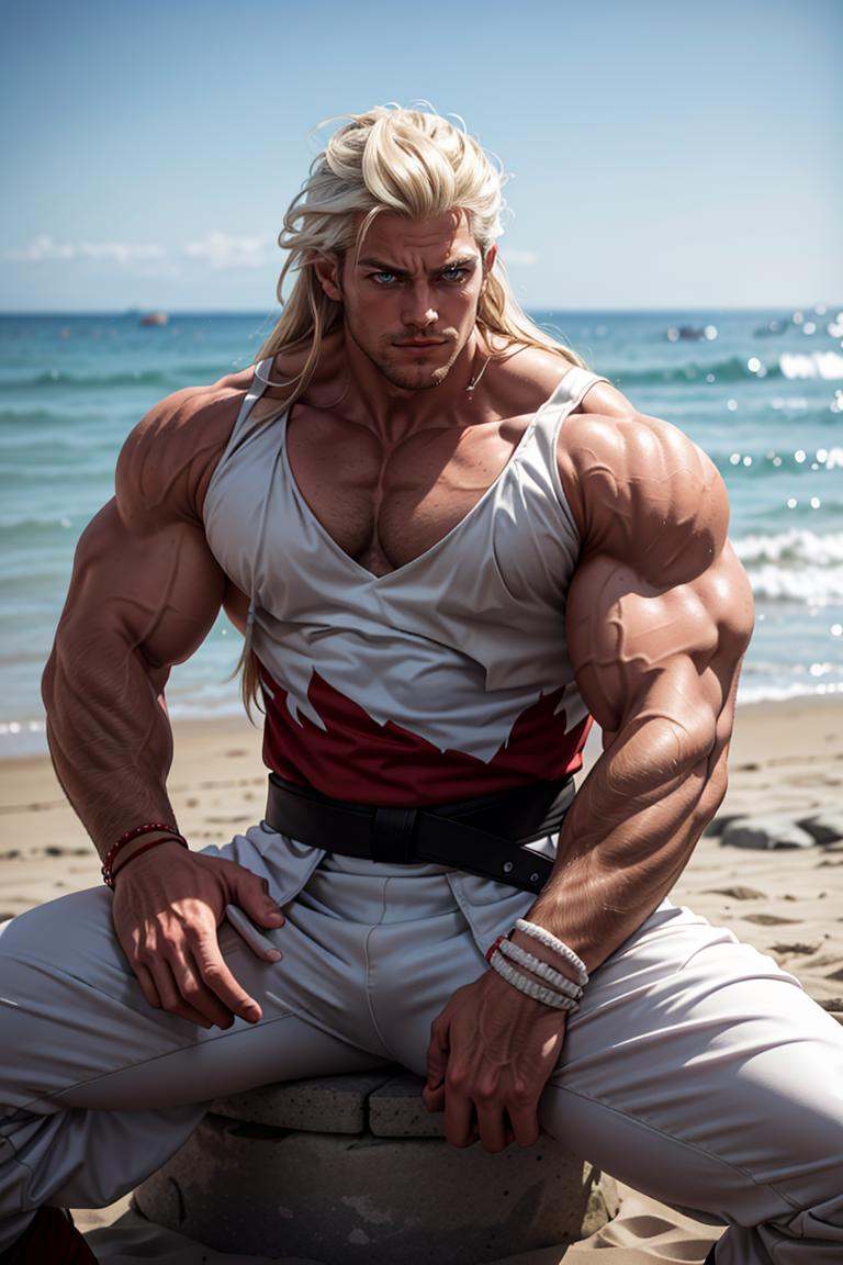 (masterpiece,  best quality:1.2),  man,  solo,  1guy,  white clothes with red details,  slick long hair,  sleeveless jumper,  white top,  black belt,  bracelets,  vanbraces,  white pants,  boots,  smirk,  (depth of field:1.1),  ,  photo of person,  sitting,  at the beach,  masterpiece,  highness,  perfect face,  perfect picture,  detailed eyes,  sharp focus, High detailed view,<lora:EMS-94724-EMS:1.000000>