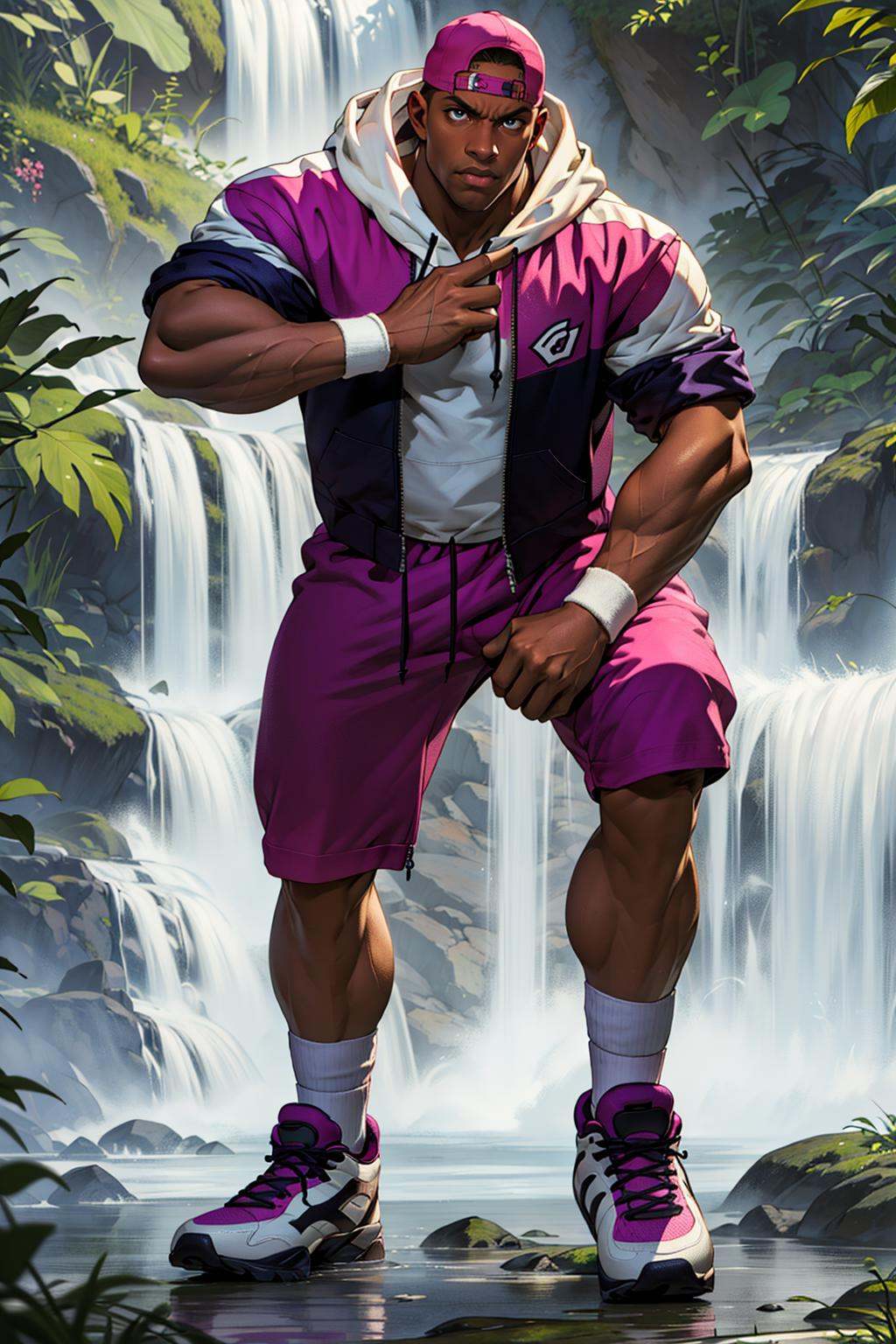 (masterpiece,  best quality:1.2),  solo,  LuckyGlauber,  1guy,  backward hat,  jacket,  hoodie,  shirt,  bermuda pants,  socks,  neakers,  full body,  fighting stance,  at the waterfall,  masterpiece,  perfect face,  perfect picture,  detailed eyes,  sharp focus, High detailed view, dark skin, High detailed,<lora:EMS-88300-EMS:1.000000>