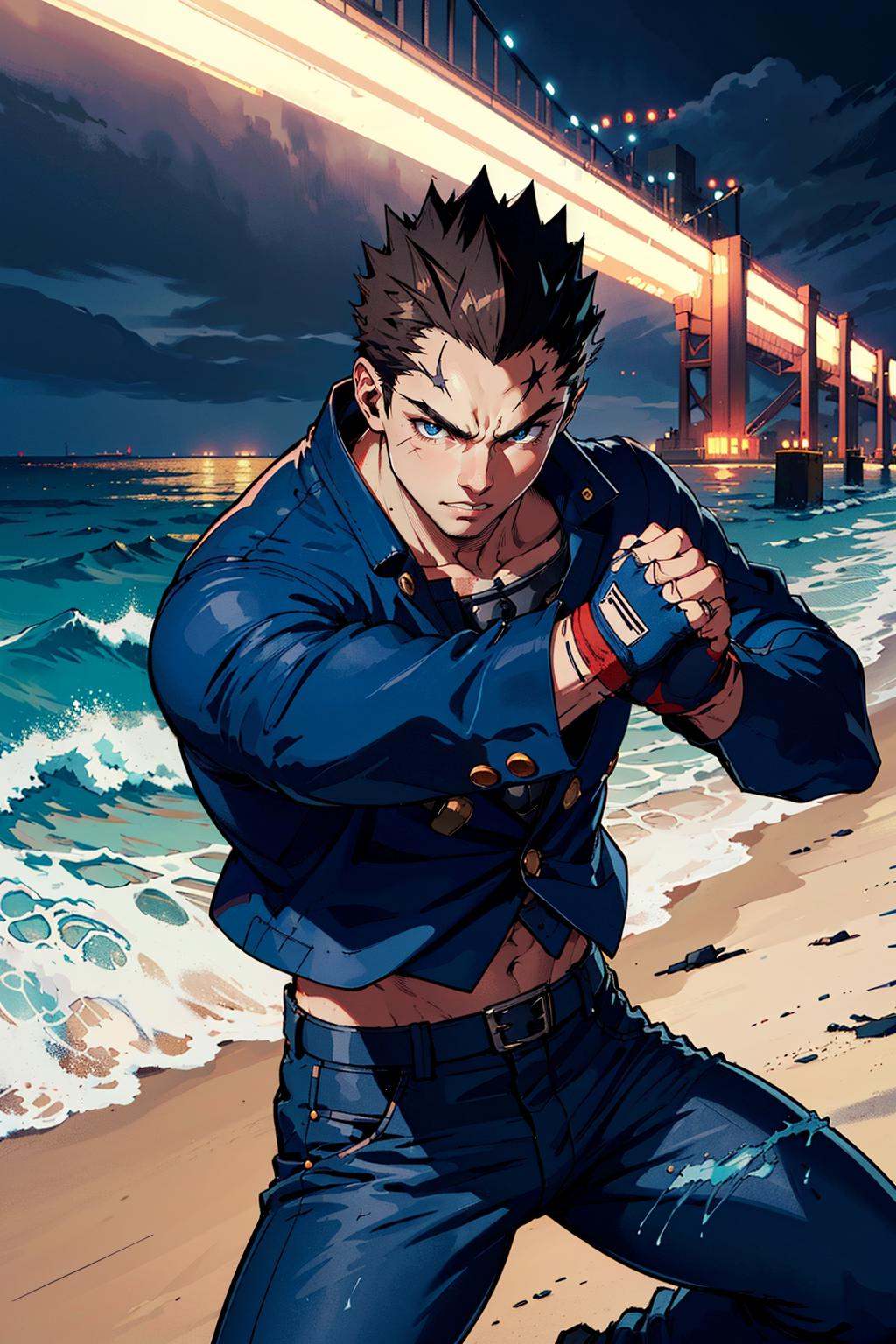 (masterpiece,  best quality:1.2),  BatsuRSPJ,  1guy,  blue jacket,  ,  scar,  blue pants,  fingerless gloves,  spiked hair,  fighting stance,  on the beach,  cinematic lighting,  detailed face,  detailed eyes,  masterpiece,  high_res,  perfect face,  ,  High detailed,<lora:EMS-92366-EMS:0.850000>