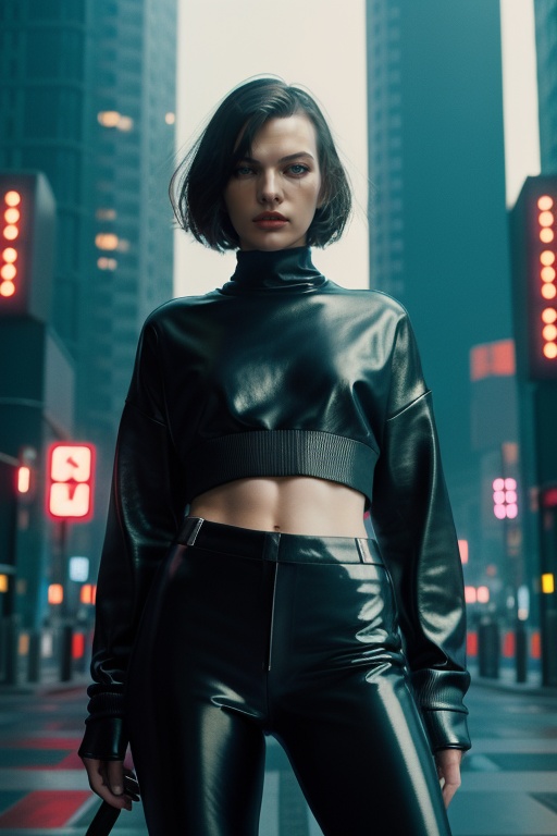 photo of wo_millajov01,  wearing a oversized sweater and tight leather pants,  cyberpunk futuristic city at the background...