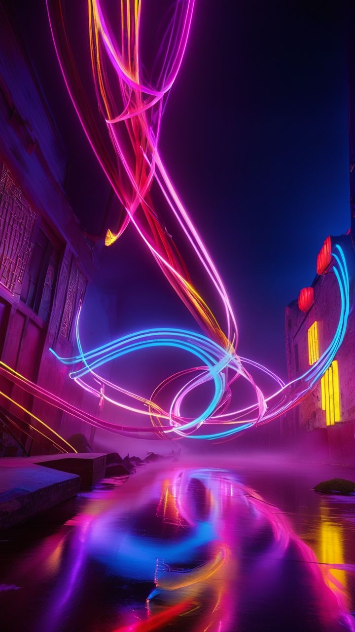 In the picture of neon flow in the clear sky,  the transparent neon light strip is like a gorgeous dreamy paintbrush. Thes...