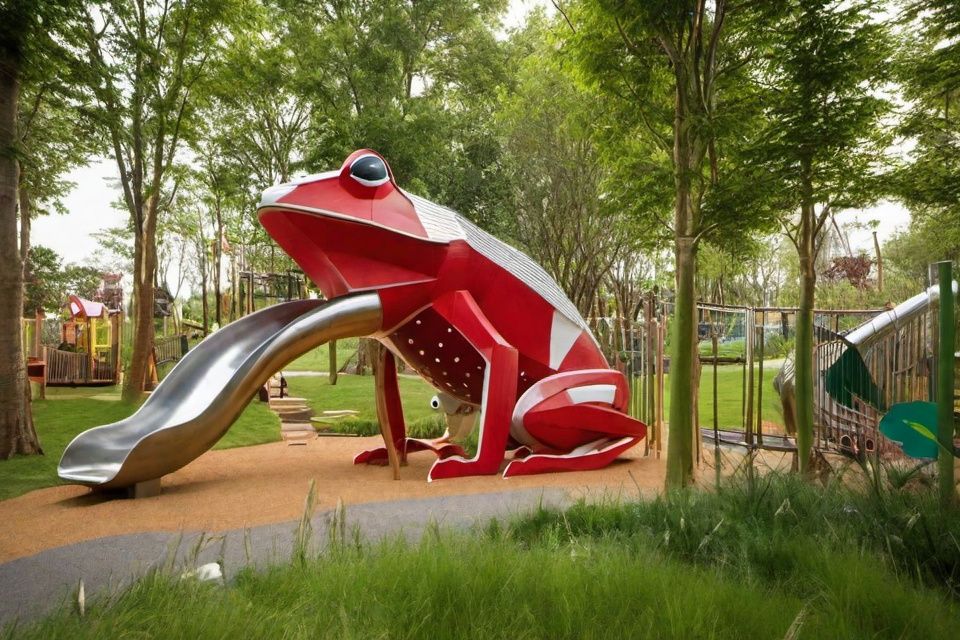 cinematic photo <lora:户外游乐-000004 (1):1>,The image features a large,a stainless steel slide came out of the frog's mouth and it was red,and it appears to be a part of a playground slide. The playground is designed to be visually appealing and engaging for children,with the frog sculpture serving as a fun and imaginative element.In addition to the frog sculpture,there are several other playground structures and equipment,including a swing set and a slide. The playground is situated in a park-like setting,surrounded by grass and trees. The overall scene is lively and inviting,encouraging children to play and explore the various playground features.,there is a bridge connecting its back, . 35mm photograph, film, bokeh, professional, 4k, highly detailed