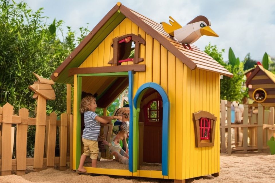 cinematic photo <lora:户外游乐-000004 (1):1>,the color of a cartoon in a wooden house,including a child and a bird,which are interacting with the store. The child is standing inside the playhouse,possibly pretending to shop or play with the toys. The bird is perched on top of the playhouse,adding a touch of whimsy to the scene.In addition to the child and the bird,there are several other toy figures scattered around the playhouse,some of which are positioned near the entrance, . 35mm photograph, film, bokeh, professional, 4k, highly detailed