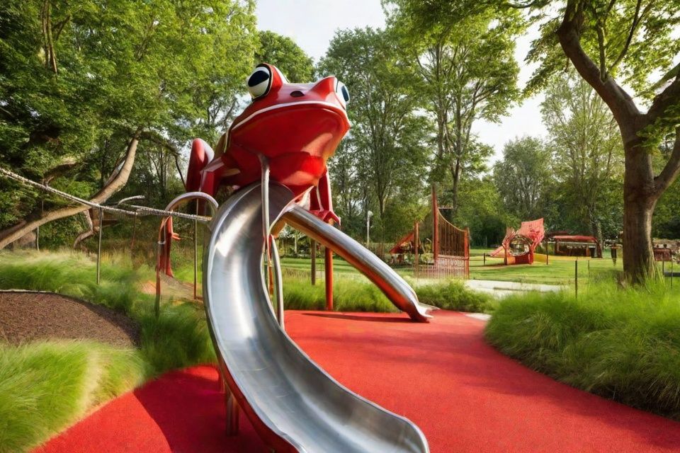 cinematic photo <lora:户外游乐-000004 (1):1>,The image features a large,a stainless steel slide came out of the frog's mouth and it was red,and it appears to be a part of a playground slide. The playground is designed to be visually appealing and engaging for children,with the frog sculpture serving as a fun and imaginative element.In addition to the frog sculpture,there are several other playground structures and equipment,including a swing set and a slide. The playground is situated in a park-like setting,surrounded by grass and trees. The overall scene is lively and inviting,encouraging children to play and explore the various playground features.,there is a bridge connecting its back, . 35mm photograph, film, bokeh, professional, 4k, highly detailed