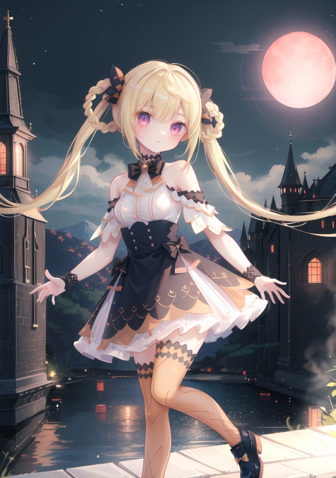 (masterpiece),best quality,highres,stunning art,beautifully painted,colorful,soft lighting,(rim light:1.2),fantasy,ray tracing,,outdoors,at night,red moon,old castle,against window,(portrait),(upper_body),standing,dancing,solo,1girl,,shian,bow,(braid),twintails,long hair,blonde hair,oil brighten hair,(finely detailed eyes and detailed face:1.3),expressionless,medium breasts,long waist,skirt,official clothes,off shoulder,gloves,thighhighs,shoes, <lora:ShianV2A2-000020:0.88>