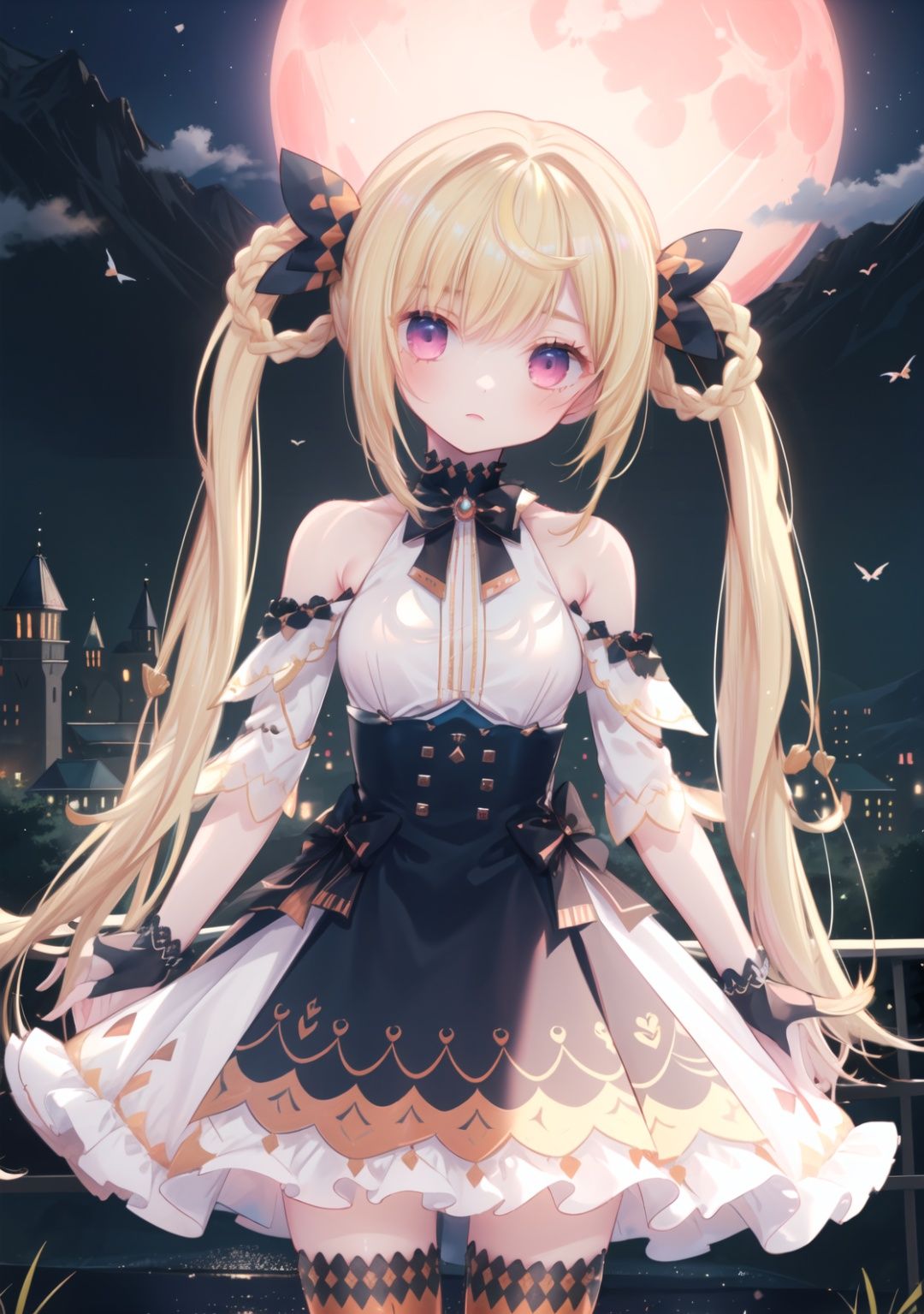 (masterpiece),best quality,highres,stunning art,beautifully painted,colorful,soft lighting,(rim light:1.2),fantasy,ray tracing,,outdoors,at night,red moon,old castle,against window,(portrait),(upper_body),standing,dancing,solo,1girl,,shian,bow,(braid),twintails,long hair,blonde hair,oil brighten hair,(finely detailed eyes and detailed face:1.3),expressionless,medium breasts,long waist,skirt,official clothes,off shoulder,gloves,thighhighs, <lora:ShianV2A2-000020:0.88>