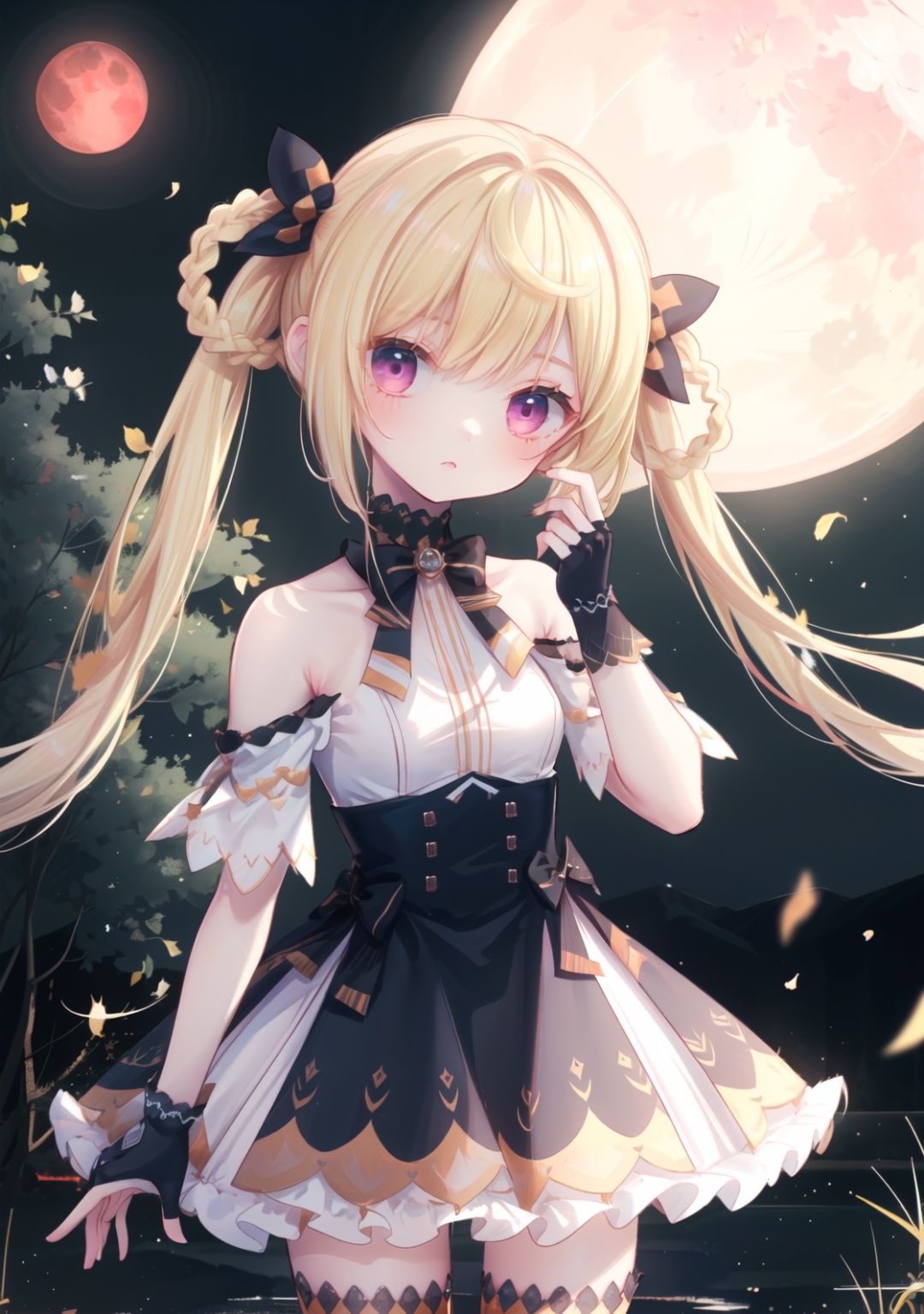 (masterpiece),best quality,highres,stunning art,beautifully painted,colorful,soft lighting,(rim light:1.2),fantasy,ray tracing,,outdoors,at night,red moon,old castle,against window,(portrait),(upper_body),standing,dancing,solo,1girl,,shian,bow,(braid),twintails,long hair,blonde hair,oil brighten hair,(finely detailed eyes and detailed face:1.3),expressionless,medium breasts,long waist,skirt,official clothes,off shoulder,gloves,thighhighs, <lora:ShianV2A2-000020:0.88>