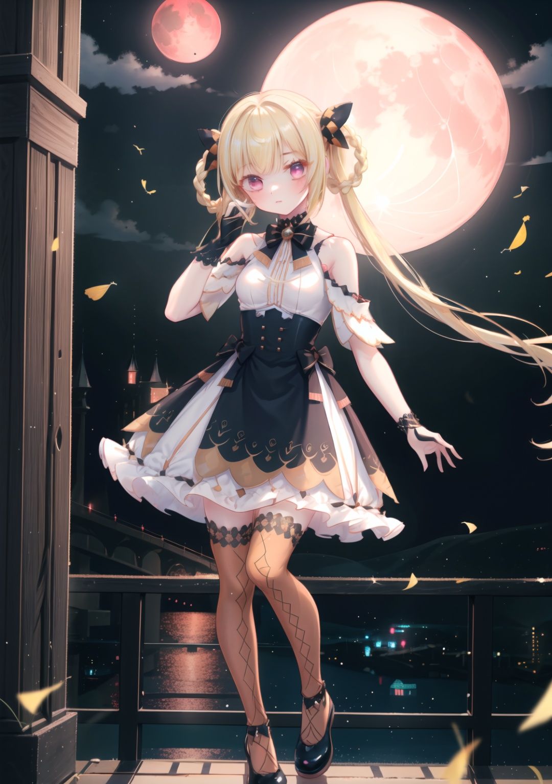 (masterpiece),best quality,highres,stunning art,beautifully painted,colorful,soft lighting,fantasy,ray tracing,,outdoors,at night,red moon,old castle,against window,standing,dancing,solo,1girl,,shian,bow,(braid),twintails,long hair,blonde hair,oil brighten hair,(finely detailed eyes and detailed face:1.3),expressionless,medium breasts,long waist,skirt,official clothes,off shoulder,gloves,thighhighs,shoes, <lora:ShianV2A2-000020:0.88>