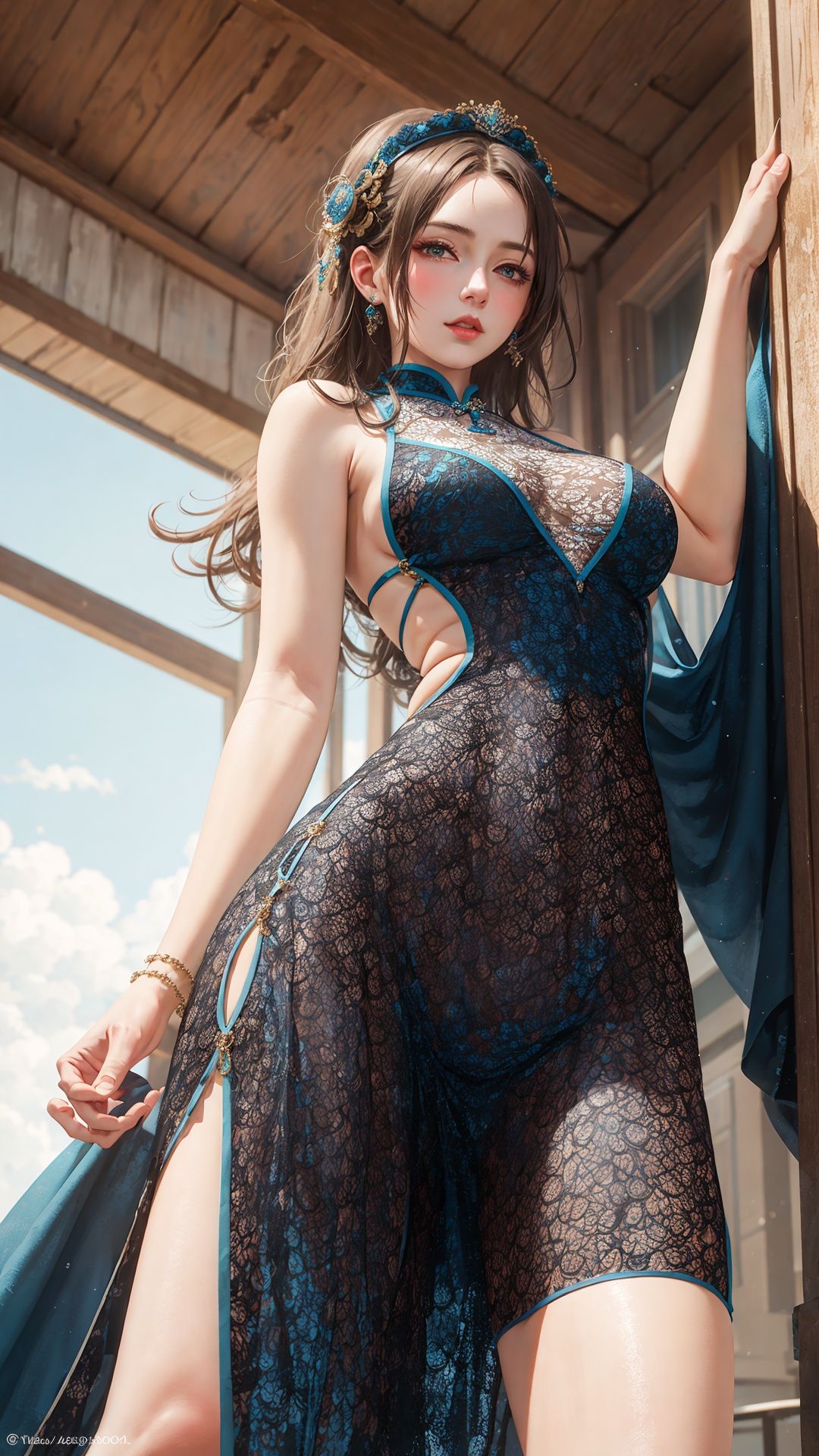 ultra detailed 8k cg, a very sexy woman posing from below for a picture, ((from below:1.3)), fantasy style, in a majestic castle, medieval setting,,tutututu, cheongsam, <lora:tutuqpqp_0001:0.75> 