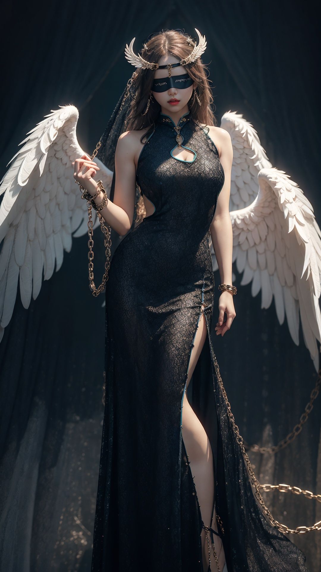 Epic CG masterpiece, a woman dressed in an angelic outfit in chains, delicate face, hdr,dtm, full ha,8K, ultra detailed graphic tension, dynamic poses, stunning colors, 3D rendering, surrealism, cinematic lighting effects, realism, 00 renderer, super realistic, full - body photos, super vista, super wide Angle, rich details, highest quality, extremely exquisite, Black background1girl, chain, wings, solo, blindfold,  jewelry, veil, choker, ring, own hands together, angel wings, feathered wings, ((covered eyes)), <lora:Angel_20231023144902:0.35>,tutututu, see-through, (cheongsam), <lora:tutuqpqp_0001:0.75> 