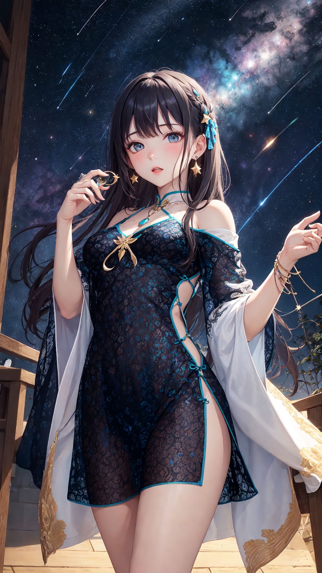 (8K, masterpiece, top quality, best quality,official art, beautiful and aesthetic:1.2), 1girl, INOUE Naohisa style, aurora, bangs, bare_shoulders, breasts, constellation, crescent_moon, earrings, earth_\(planet\), fireworks, galaxy, jewelry, light_particles, long_hair, milky_way, multicolored_hair, necklace, night, night_sky, off_shoulder, parted_lips, planet, shooting_star, sky, solo, space, star_\(sky\), star_\(symbol\), starry_background, starry_sky, starry_sky_print, very_long_hair,,tutututu, see-through, cheongsam, <lora:tutuqpqp_0001:0.75> 