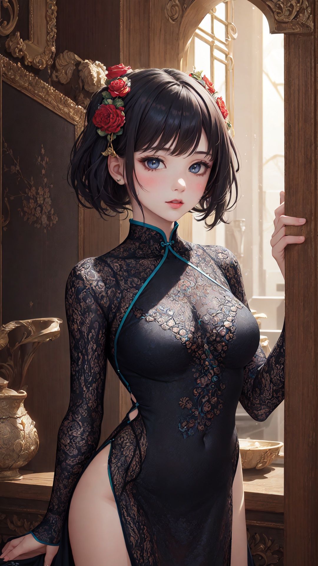 (masterpiece, top quality, best quality, official art, beautiful and aesthetic:1.2), (1girl), extreme detailed,(fractal art:1.3),colorful,highest detailed,,tutututu, see-through, cheongsam, <lora:tutuqpqp_0001:0.6> 