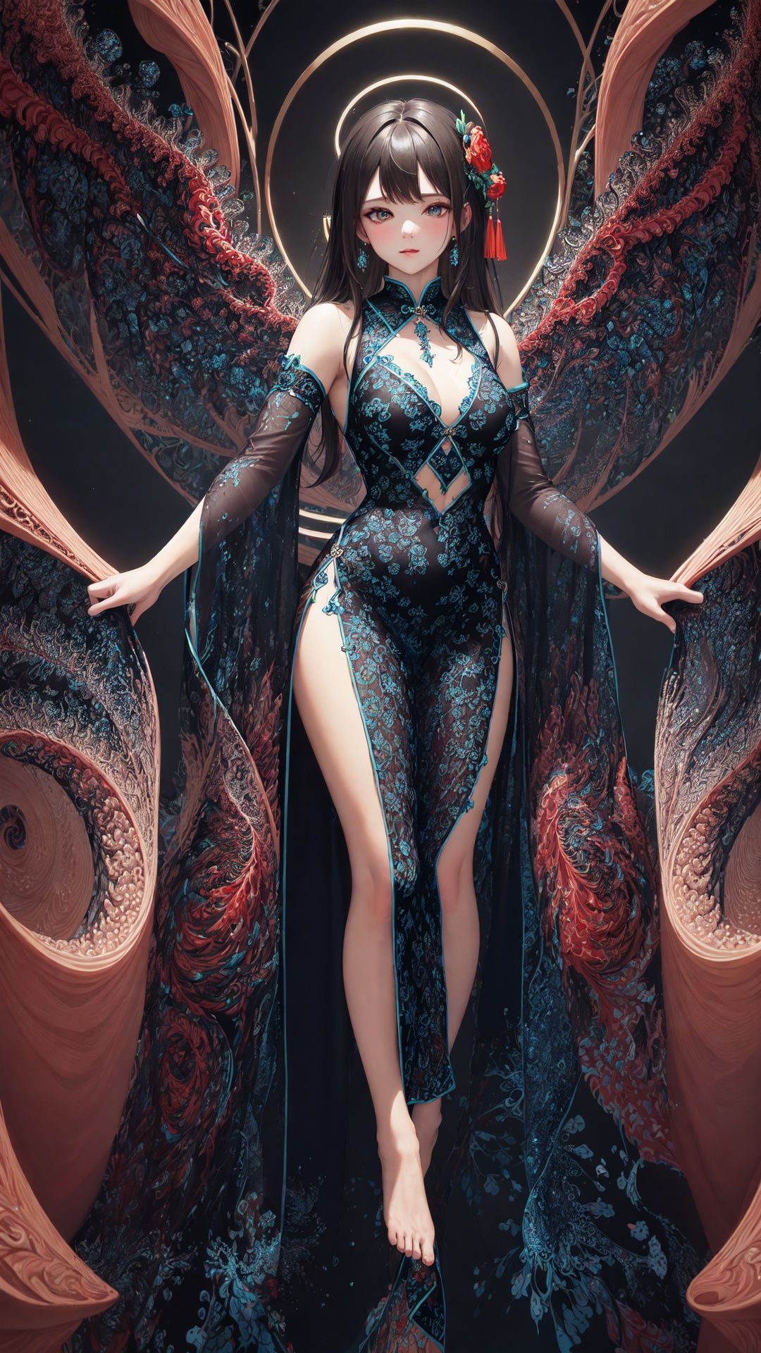 (masterpiece, top quality, best quality, official art, beautiful and aesthetic:1.2), (1girl), extreme detailed,(fractal art:1.3),colorful,highest detailed,,tutututu, see-through, cheongsam, <lora:tutuqpqp_0001:0.75> 