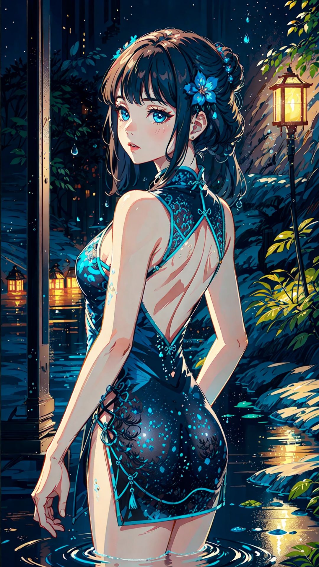 (masterpiece, best quality,4k resolution),(Mysterious close-shot of a nixie from side), her glistening scales reflecting moonlight,deep blue eyes filled with secrets of the deep galaxy,water droplets on her skin shimmering like diamonds,she looks back at the camera,,tutututu, cheongsam,(see-through),  <lora:tutuqpqp_0001:0.85> 