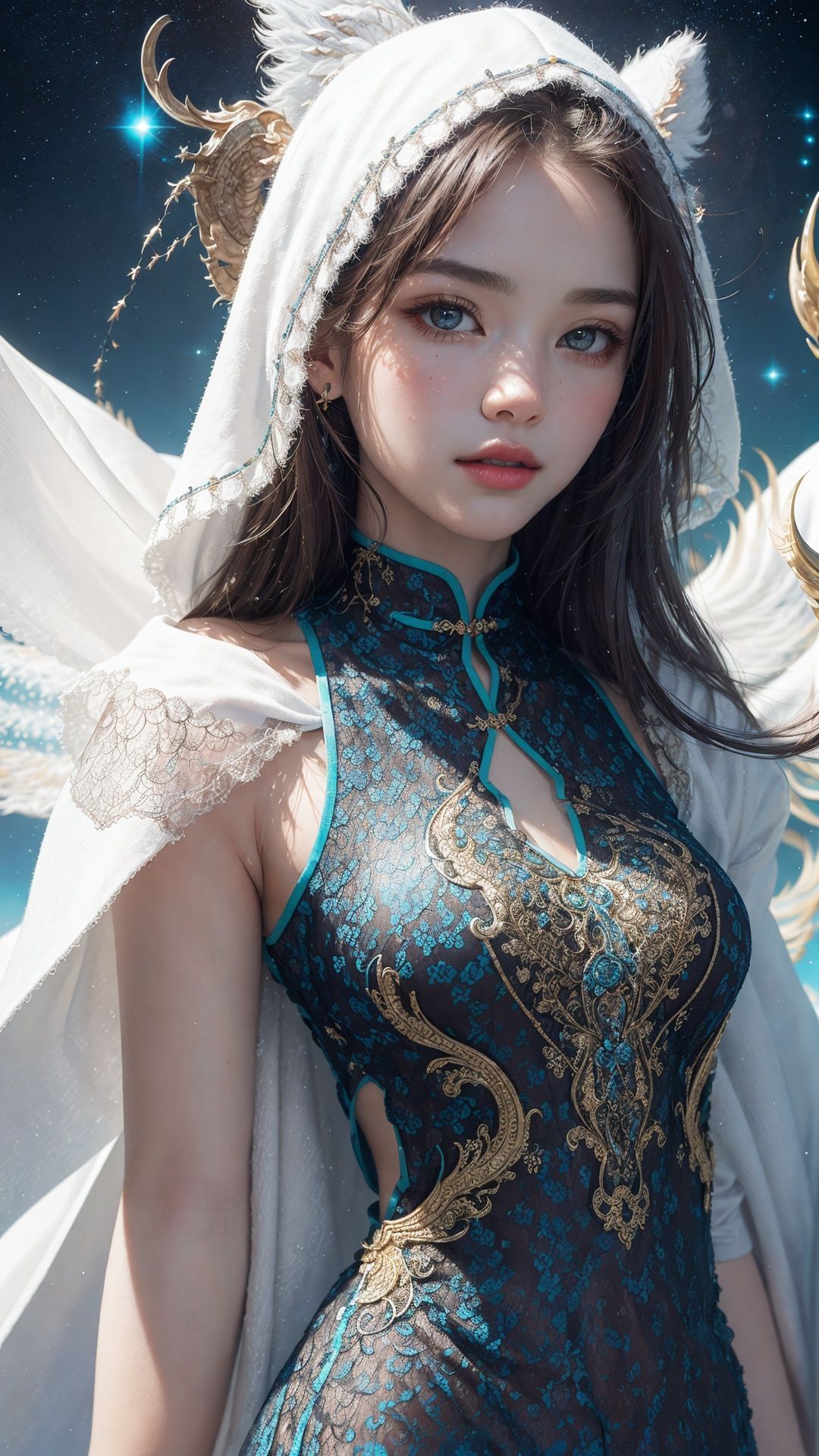 (masterpiece, top quality, best quality, official art, beautiful and aesthetic:1.2), (1girl), extreme detailed eyes, (fractal art:1.3), colorful, highest detailed, (perfect face), shiny skin, HDR, (white cloak golden lines:1.2), galaxy, (light streaks), striking visuals, (dynamic streaks, luminous trails:1.2), vibrant colors, (phoenix), (dragon),tutututu, see-through, (cheongsam), <lora:tutuqpqp_0001:0.75> 
