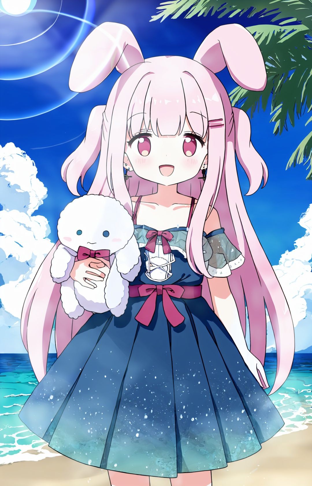 1girl, stuffed bunny, solo, smile, outdoors, dress, day, x hair ornament, stuffed animal, hair ornament, :d, stuffed toy, white dress, off-shoulder dress, animal ears, off shoulder, very long hair, ocean, blue sky, bangs, long hair, blush, hairclip, cloud, sky, red eyes, looking at viewer, collarbone, bare shoulders, two side up, earrings, rabbit ears, water, horizon, jewelry, bow, tree, holding, pink hair, frilled dress, object hug