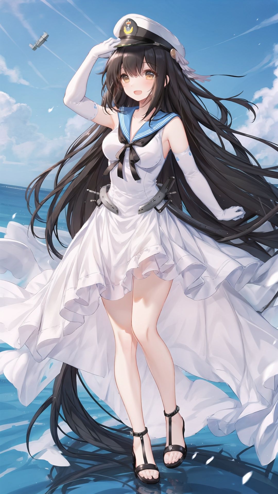 1girl, long hair, hat, dress, gloves, solo, elbow gloves, brown eyes, white gloves, aircraft, black hair, breasts, open mouth, sandals, very long hair, white dress, medium breasts, sailor collar, sailor dress, sleeveless, head wings, full body, white headwear, smile, sleeveless dress,