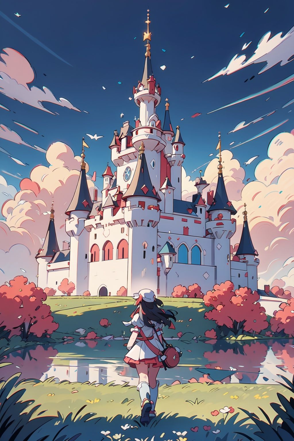  absurdres,incredibly absurdres,reality,realistic,,(solo:1.2),(1girl:1.2),full_shot,,zgct color,Energetic girl, MG_ip,Landscape wallpaper style,dream castle