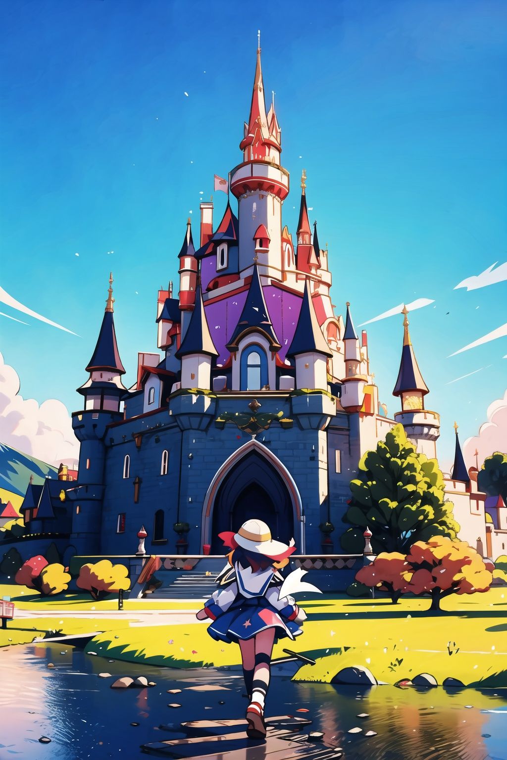  absurdres,incredibly absurdres,reality,realistic,,(solo:1.2),(1girl:1.2),full_shot,,zgct color,Energetic girl, MG_ip,Landscape wallpaper style,dream castle