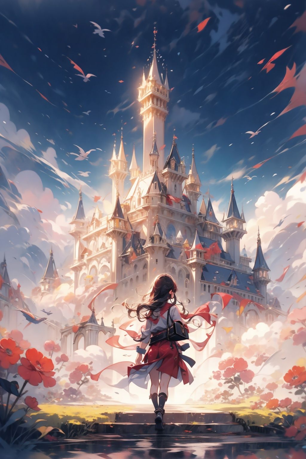  absurdres,incredibly absurdres,reality,realistic,,(solo:1.2),(1girl:1.2),full_shot,,zgct color,Energetic girl, MG_ip,Landscape wallpaper style,dream castle