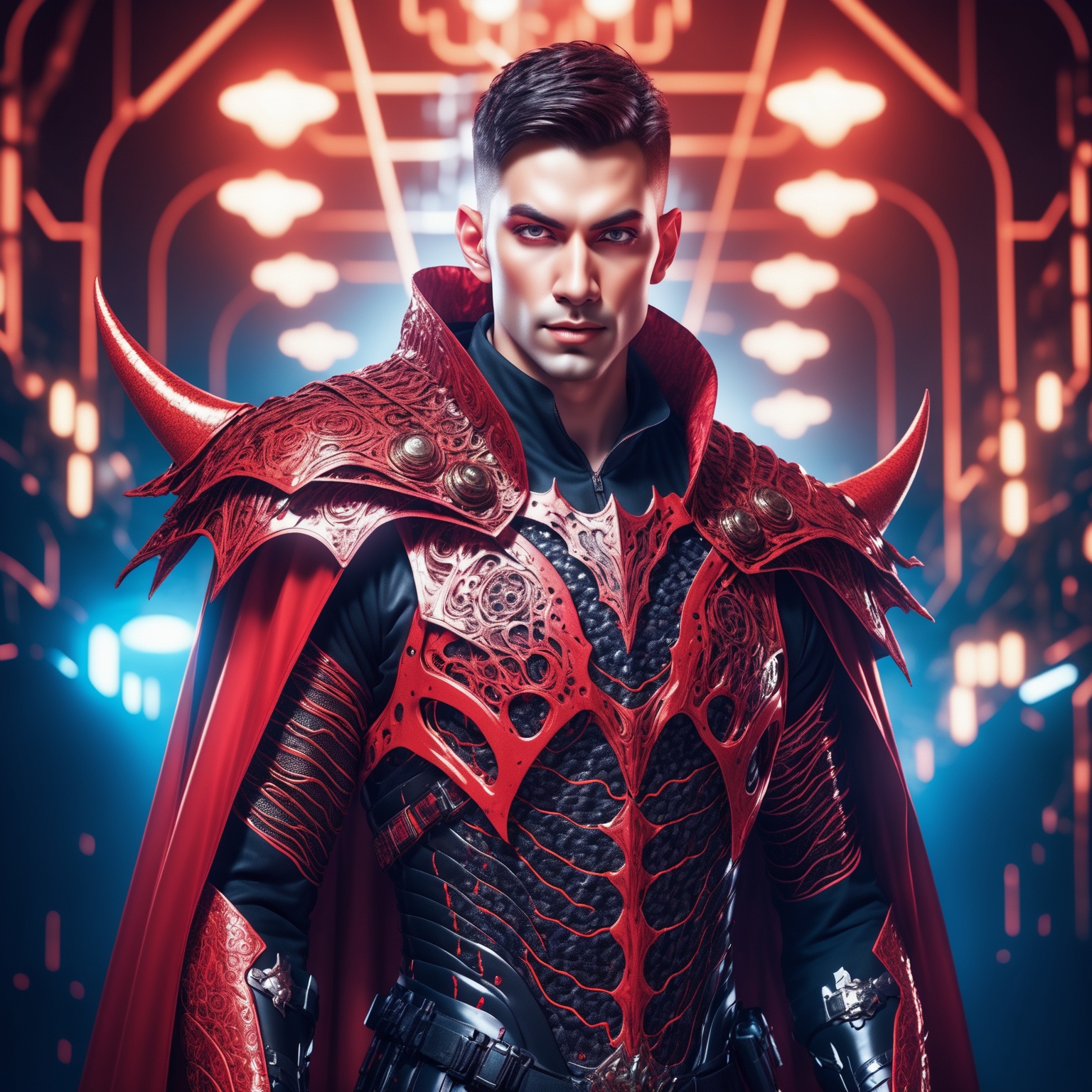 surreal photography of A Hi-Tech Cyberpunk male vampire wearing futuristic blood color armor,  ((devil smile)),  cape on T...