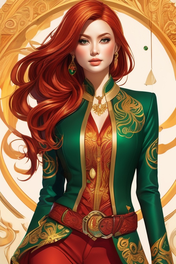 Passionate digital painting of Elara Sunfire's fiery nature illustrated through her amber eyes,  untamed flame-like red ha...