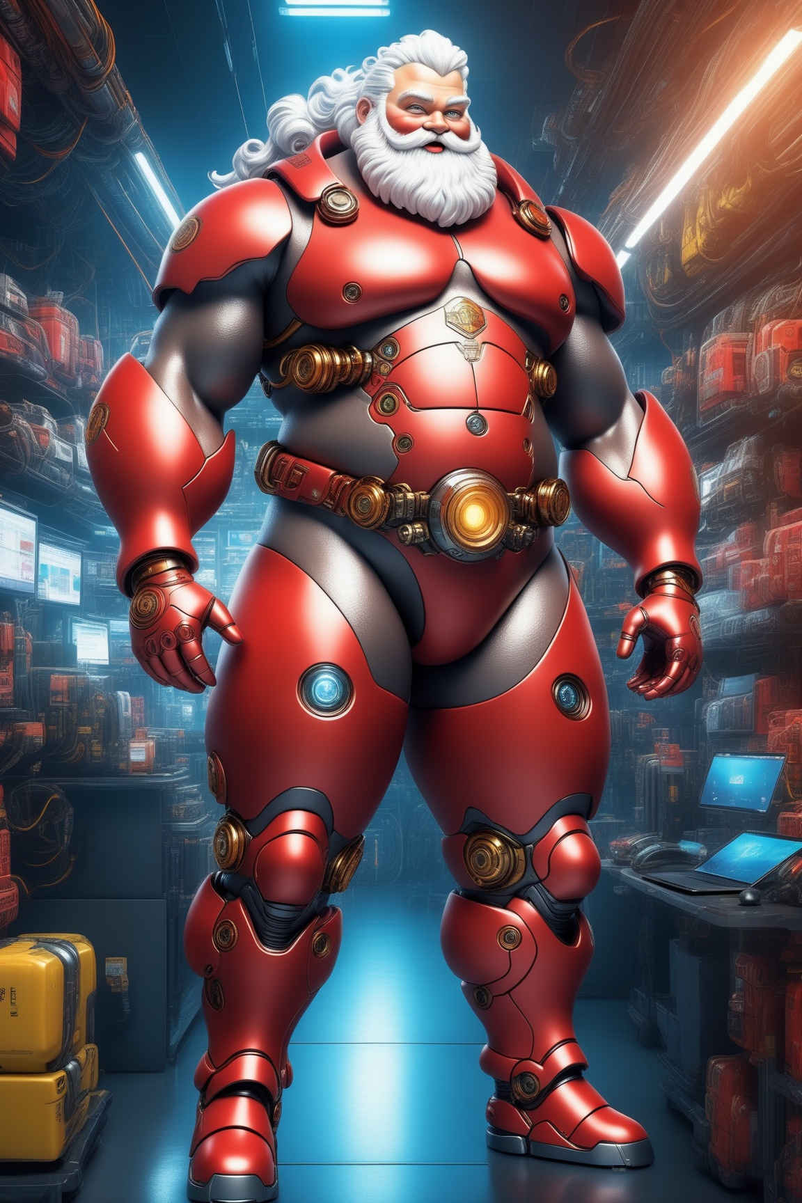 A Hi-Tech Santa Claus cyberpunk,  body red painted like as the real outfit,  fat body on Tensor.Art