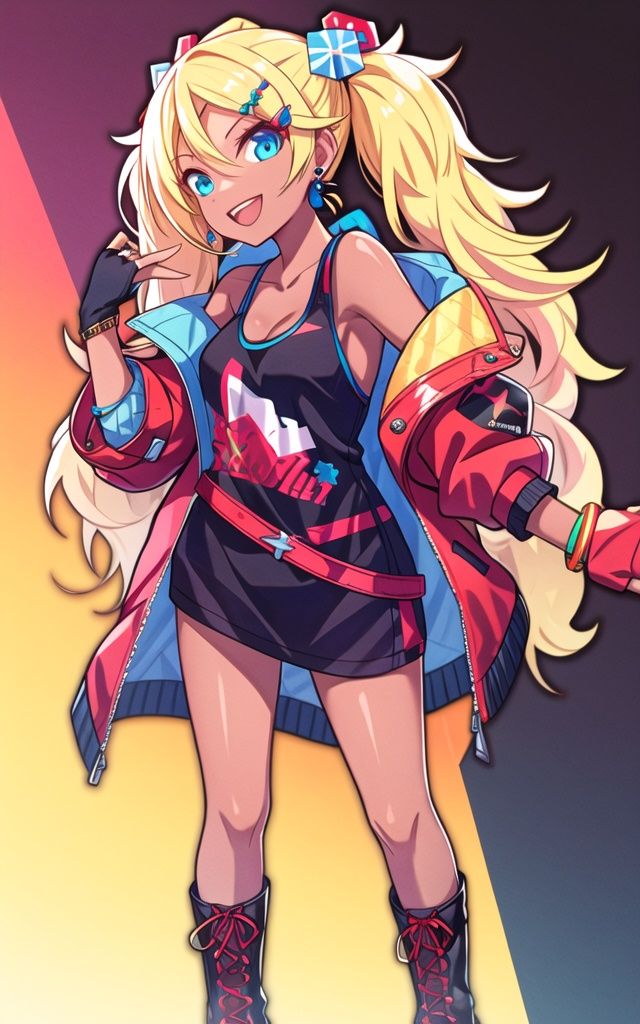 <lora:add_detail:0.5>,<lora:Kirara-mul-000008:0.8>,cowboy shot,Kirara_hoodie,1girl,solo,blonde hair,dark skin,dark-skinned female,twintails,open mouth,blue eyes,smile,jewelry,jacket,hair ornament,hairclip,gloves,holding,looking at viewer,off shoulder,fingerless gloves,long hair,boots,belt,red jacket,earrings,:d,standing,**** top,teeth,black footwear,bracelet,