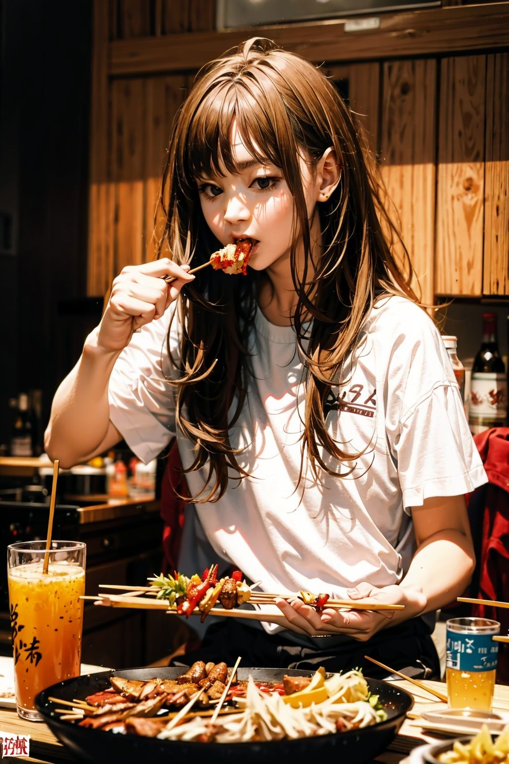  absurdres,incredibly absurdres,reality,realistic,,(solo:1.2),1girl,full_shot,Luchuan,Eating skewers