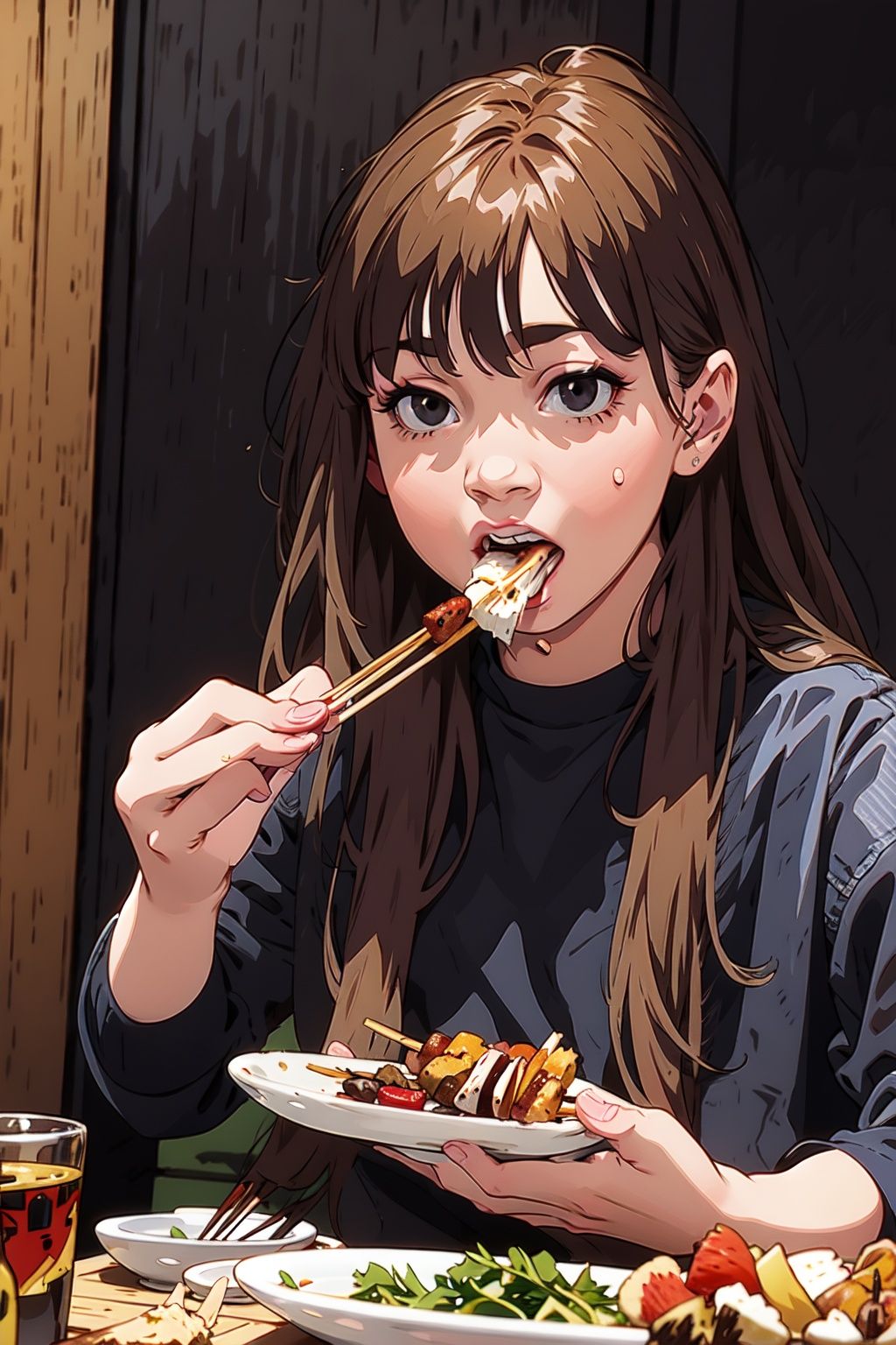  absurdres,incredibly absurdres,reality,realistic,,(solo:1.2),1girl,full_shot,Luchuan,Eating skewers