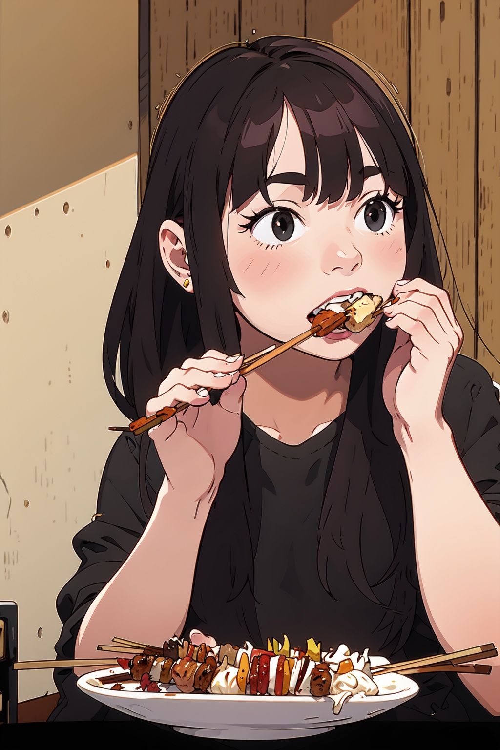  absurdres,incredibly absurdres,reality,realistic,,(solo:1.2),1girl,full_shot,Luchuan,Eating skewers