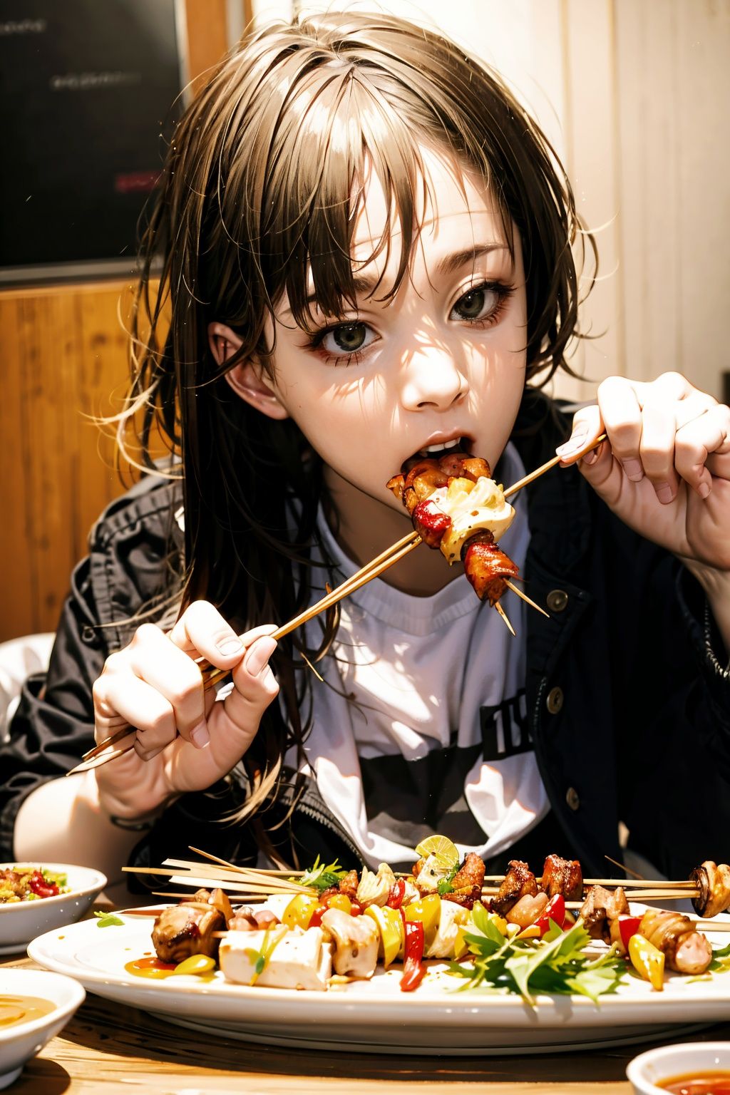  absurdres,incredibly absurdres,reality,realistic,,(solo:1.2),1girl,full_shot,Luchuan,Eating skewers
