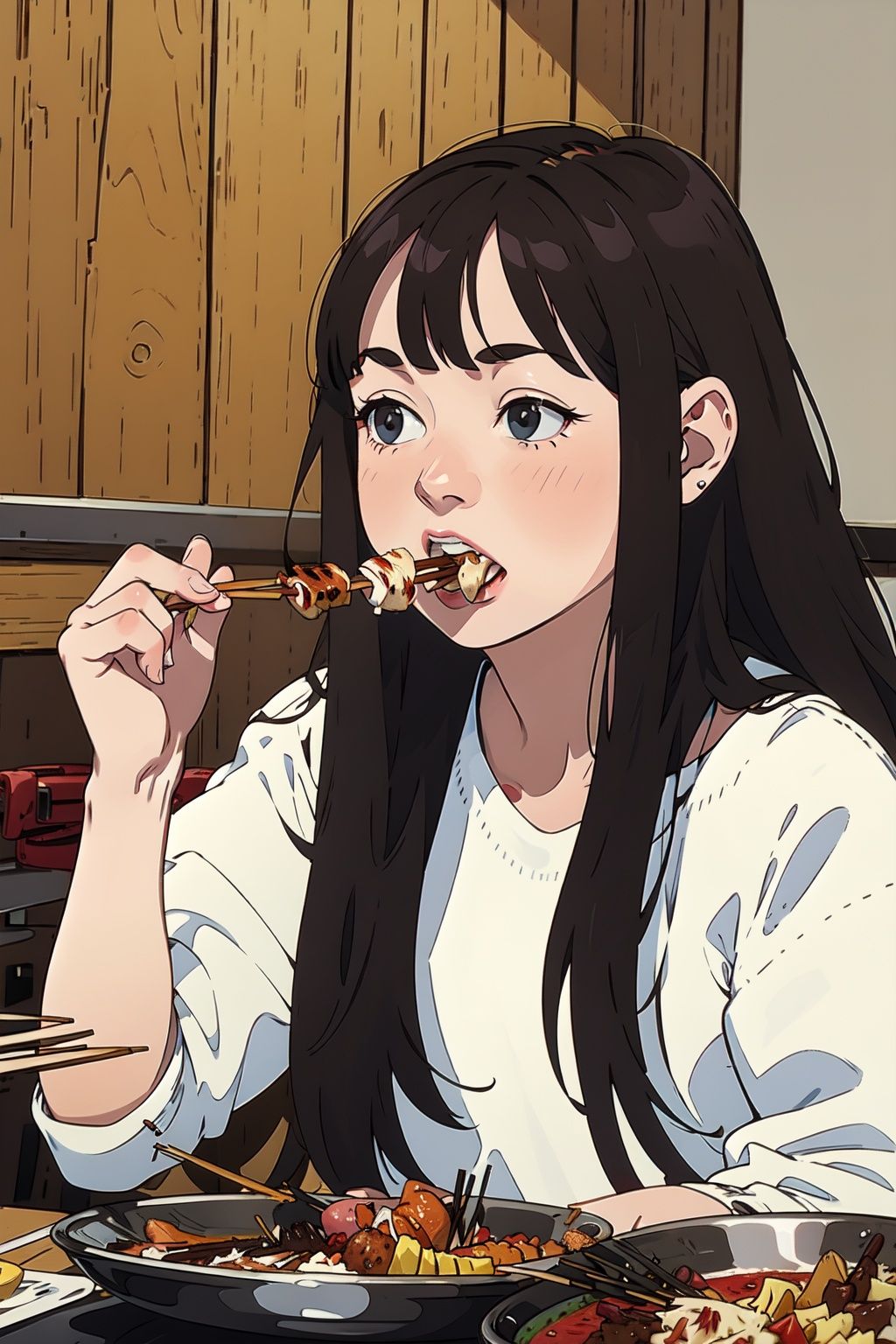  absurdres,incredibly absurdres,reality,realistic,,(solo:1.2),1girl,full_shot,Luchuan,Eating skewers
