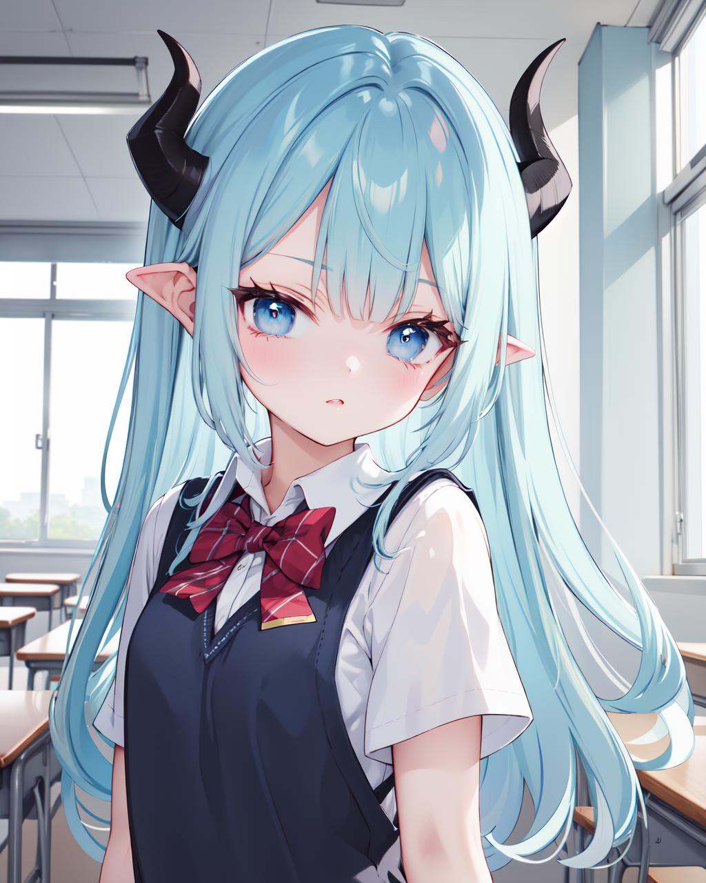 light blue hair,  blue eyes,  horns on Tensor.Art