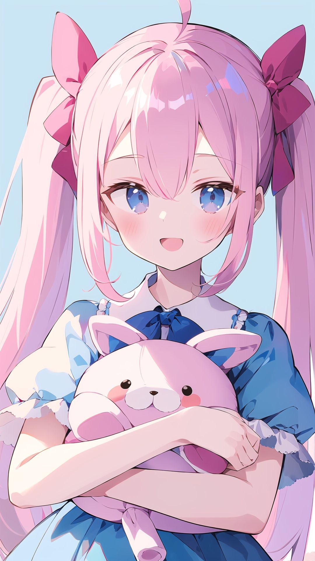 ((masterpiece, best quality)), 1girl, solo, twintails, lollipop, smile, ahoge, hairclip, bow, holding, ribbon, frills, blush, shirt, :d, stuffed toy, pink hair, stuffed animal, red nails, hair ornament, open mouth, looking at viewer, stuffed bunny, nail polish, short sleeves, object hug, puffy sleeves, hair between eyes, upper body, light blue eyes, puffy short sleeves, holding stuffed toy, hair bow, white bow, doll hug, hair ribbon, streaked hair, white shirt