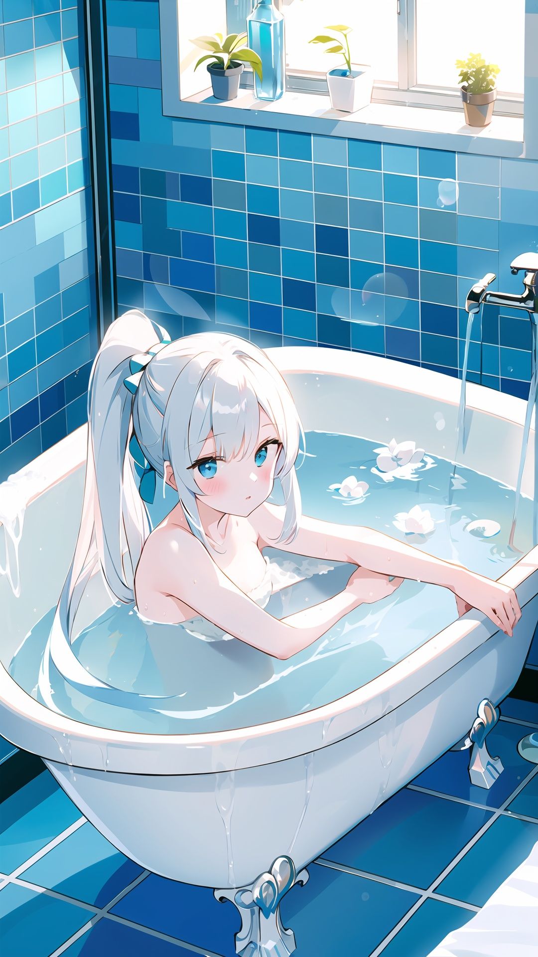 1girl, bathtub, solo, long hair, looking at viewer, window, white hair, bathing, indoors, water, soap bubbles, plant, bathroom, outstretched arms, bubble, bath, towel, blue eyes, ponytail, tiles, soap bottle, bangs, tile wall, potted plant, faucet, partially submerged, wet, blush, from above, parted lips, aqua eyes
