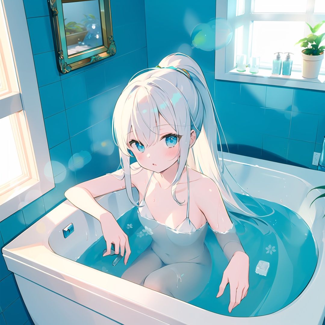  1girl, bathtub, solo, long hair, looking at viewer, window, white hair, bathing, indoors, water, soap bubbles, plant, bathroom, outstretched arms, bubble, bath, towel, blue eyes, ponytail, tiles, soap bottle, bangs, tile wall, potted plant, faucet, partially submerged, wet, blush, from above, parted lips, aqua eyes
