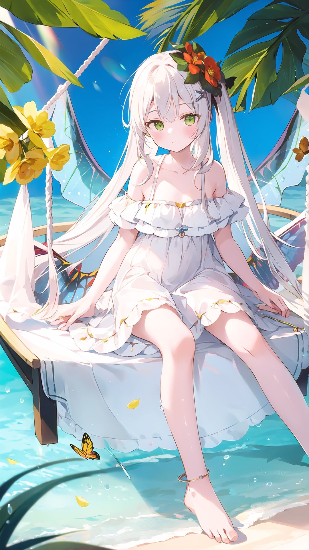 1girl, solo, flower, long hair, hair flower, drinking straw, very long hair, hair ornament, barefoot, green eyes, red flower, drinking, hammock, holding, soles, blush, cup, water, bangs, yellow flower, crazy straw, looking at viewer, holding cup, bug, white hair, sitting, collarbone, breasts, bare shoulders, anklet, butterfly, wings, dress, feet, bow, drinking glass, petals, white dress, jewelry, small breasts, water drop