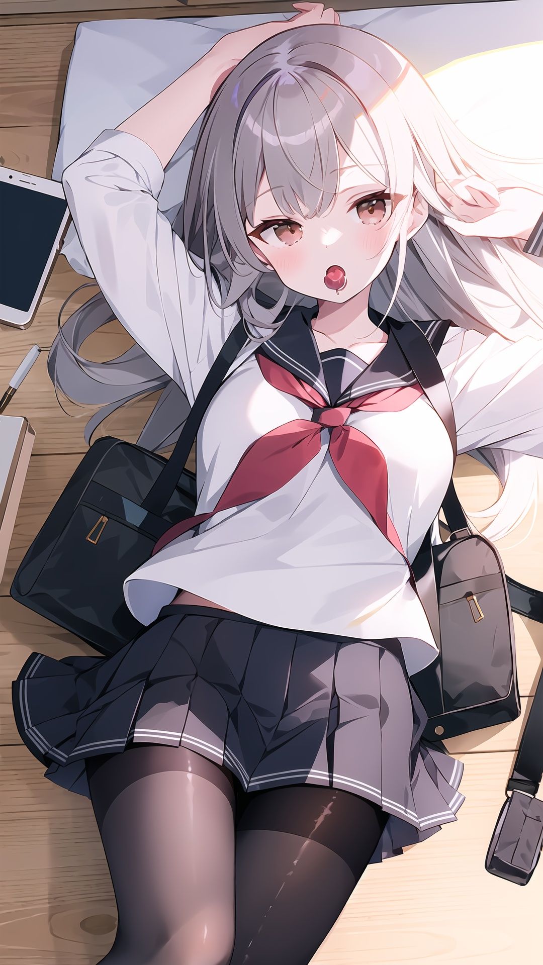 1girl, solo, pantyhose, skirt, school uniform, sailor collar, white shirt, long hair, phone, long sleeves, shirt, neckerchief, cellphone, serafuku, red neckerchief, on back, lying, open mouth, brown eyes, pleated skirt, smartphone, black skirt, looking at viewer, black pantyhose, bangs, cum, grey hair, arm up, blush, bag, indoors, holding, black sailor collar, brown pantyhose, on floor, holding phone, cum in mouth, breasts, miniskirt, from above, school bag, facial,