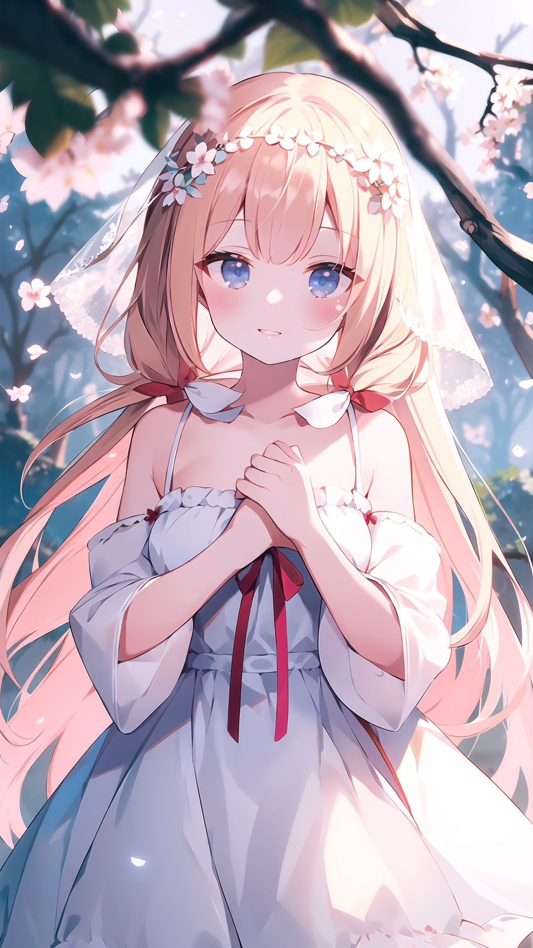 1girl, bird, dress, very long hair, solo, long hair, blue eyes, flower, white dress, breasts, white flower, animal, depth of field, bangs, blurry, branch, sleeveless dress, animal on hand, hair flower, bow, see-through, hair ornament, braid, parted lips, hands up, pink flower, sleeveless, red bow, cleavage, blush, medium breasts, looking at viewer, bird on hand, wide sleeves, veil, blurry foreground, red ribbon, ribbon, blurry background, smile, blonde hair, hair bow, collarbone, transparent, blue ribbon, bare shoulders, small breasts, blue bow, detached sleeves