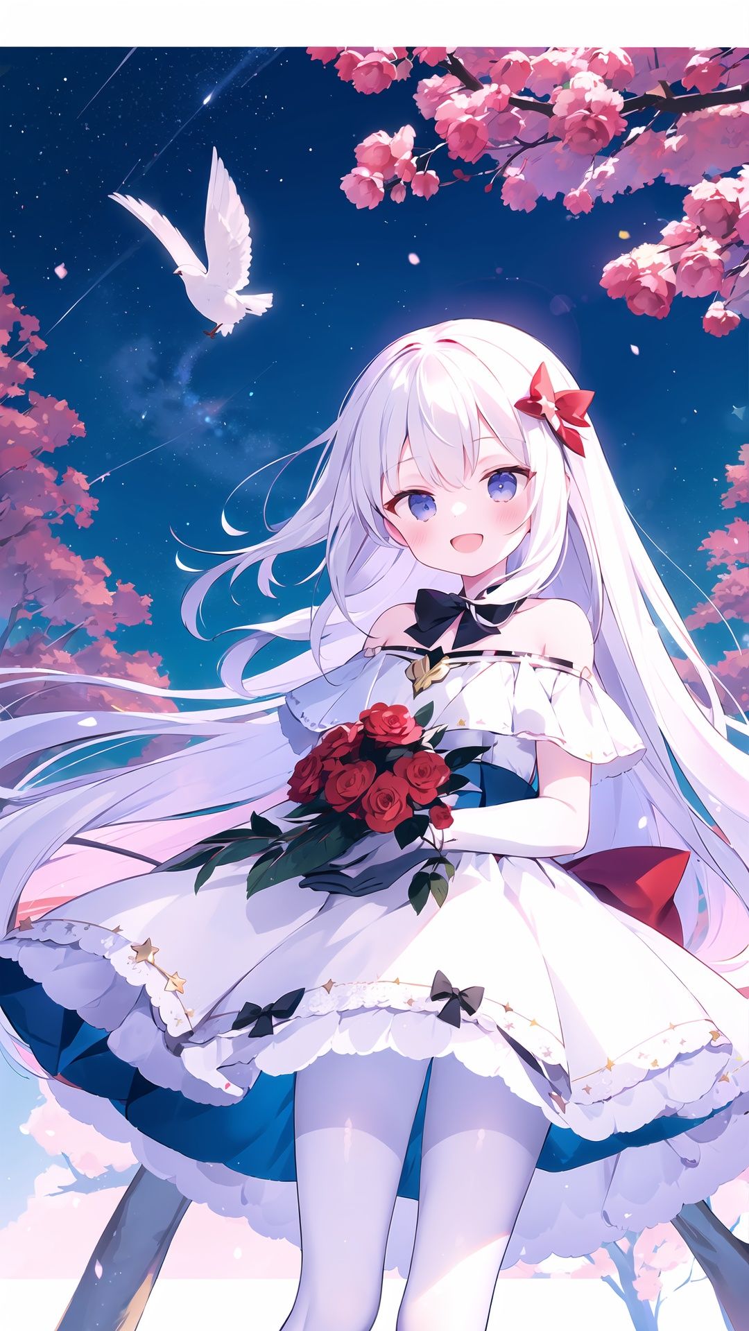 1girl, long hair, gloves, dress, solo, smile, flower, bird, holding, red flower, very long hair, open mouth, white dress, white hair, bangs, pantyhose, white pantyhose, blush, :d, looking at viewer, bare shoulders, blue eyes, off-shoulder dress, rose, white gloves, red rose, off shoulder, star \(sky\), holding flower, starry sky, sky, fur trim, hair between eyes, black gloves, bow, branch, animal