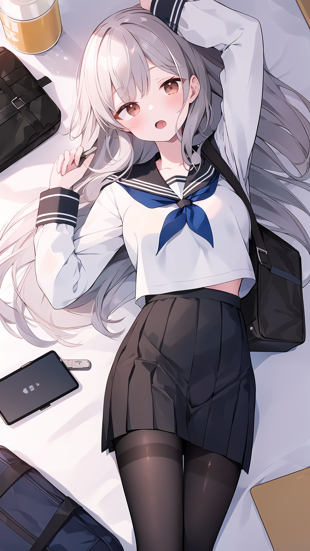 1girl, solo, pantyhose, skirt, school uniform, sailor collar, white shirt, long hair, phone, long sleeves, shirt, neckerchief, cellphone, serafuku, red neckerchief, on back, lying, open mouth, brown eyes, pleated skirt, smartphone, black skirt, looking at viewer, black pantyhose, bangs, cum, grey hair, arm up, blush, bag, indoors, holding, black sailor collar, brown pantyhose, on floor, holding phone, cum in mouth, breasts, miniskirt, from above, school bag, facial
