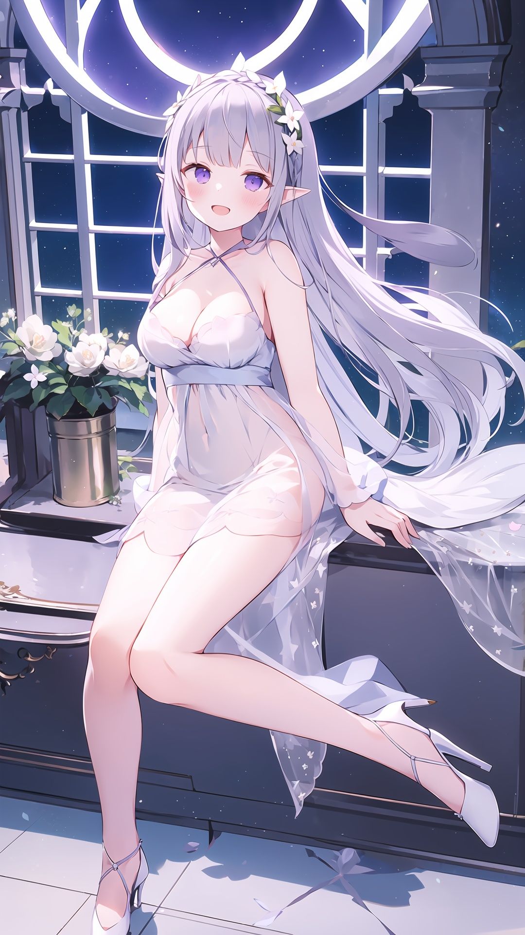 1girl, solo, long hair, flower, dress, purple eyes, breasts, white flower, white dress, sitting, bangs, hair ornament, night, hair flower, high heels, white footwear, see-through, sky, emilia (re:zero), shooting star, plant, sleeveless dress, braid, star (sky), potted plant, smile, sleeveless, night sky, bare shoulders, cleavage, starry sky, open mouth, grey hair, full body, strap slip, medium breasts, petals, blush, indoors, bare arms, :d, jewelry, looking at viewer, pointy ears, head wreath, blunt bangs,,,,,