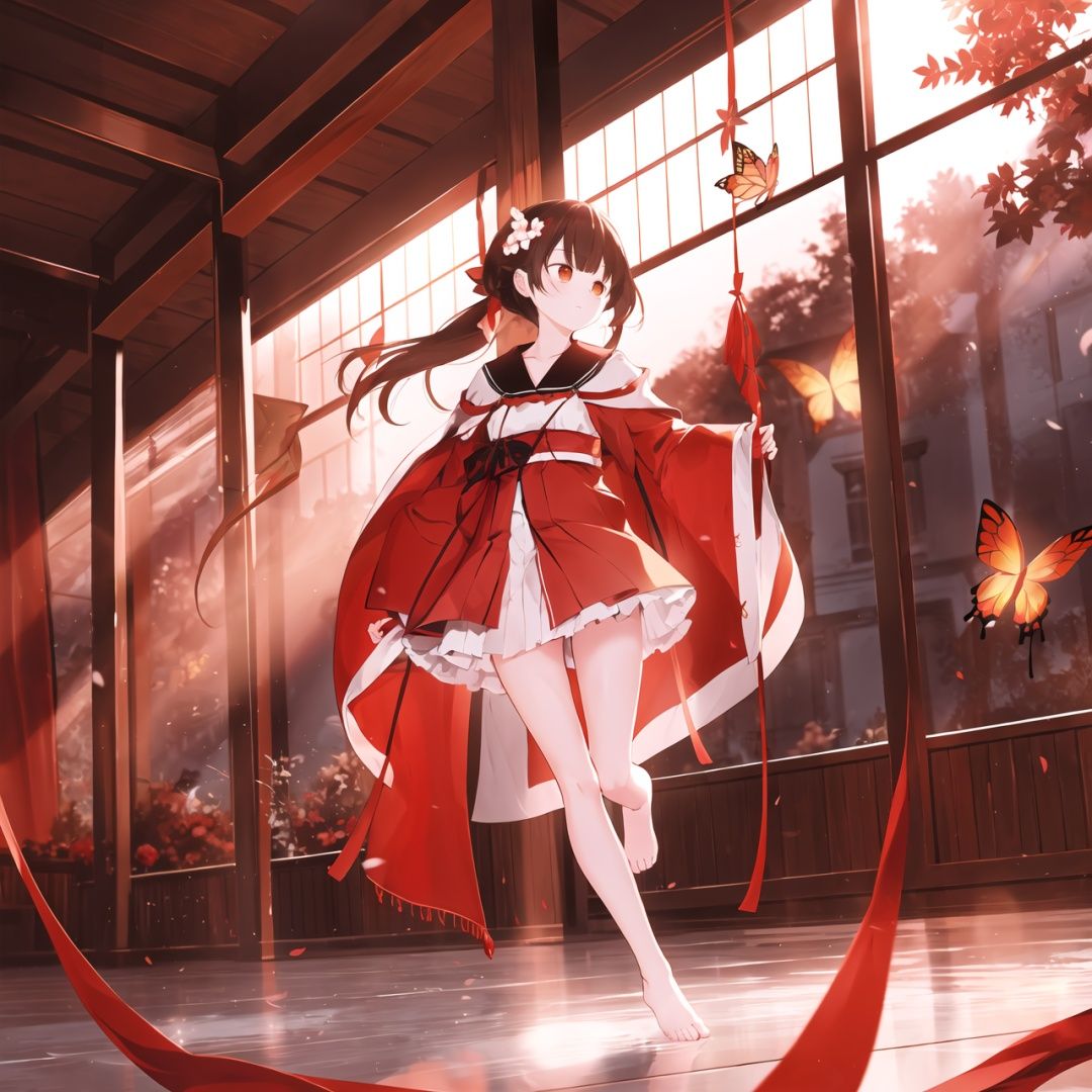  1 girl,HDR,high contrast,red classical robe,flying long hair,short skirt,hair tied with red ribbon,wind chimes,full body,soft clothing texture,eyes looking at the audience,flowers,butterflies,barefoot,red ribbon fluttering in the wind