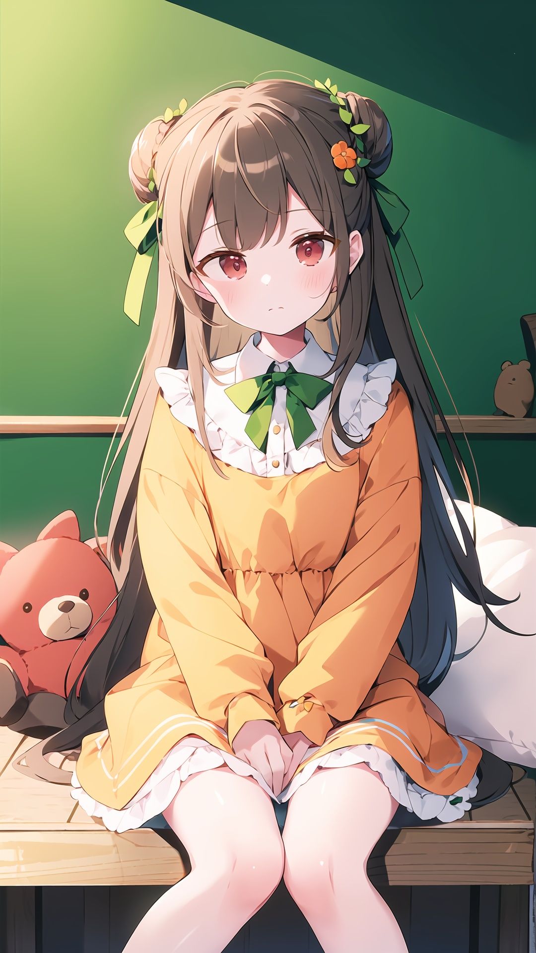  1girl,stuffed animal,stuffed toy,solo,dress,long hair,sitting,looking at viewer,teddy bear,holding stuffed toy,long sleeves,hair ornament,hair bun,bow,green dress,orange bow,plaid,blush,socks,frills,bangs,closed mouth,holding,red eyes,orange bowtie,flower,feet out of frame,ribbon,hair ribbon,single side bun,green bow,brown hair,table,blanket,black ribbon,hairclip,collar,bowtie,