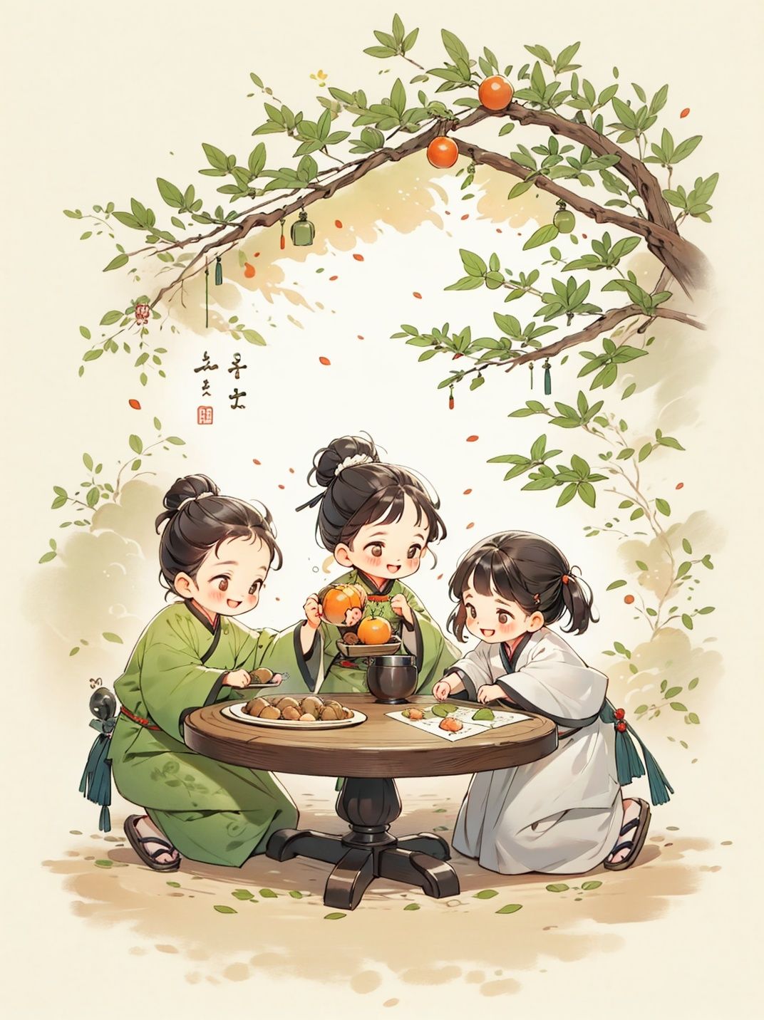 In the 1980 s and 1990 s in China,there were many people in the family room. They were very lively,celebrating the New Year,celebrating the festival,all kinds of retro furniture,retro electrical appliances,nostalgic retro,big round tables of ten people,Chinese New Year's Eve dinner,celebrating the New Year's Eve dinner,many people gathered around the high round tables,uncles,aunts,grandpa,grandma,adults,children,children,warm and happy atmosphere,<lora:Q版手绘TaosAnime_v2:0.9>,, A ink painting of a tranquil orchard with Chinese writing on it and a pair of birds building their nest, with a fruit-laden branch in the foreground, An Zhengwen, organic painting, a minimalist painting, art & language, ink and wash,