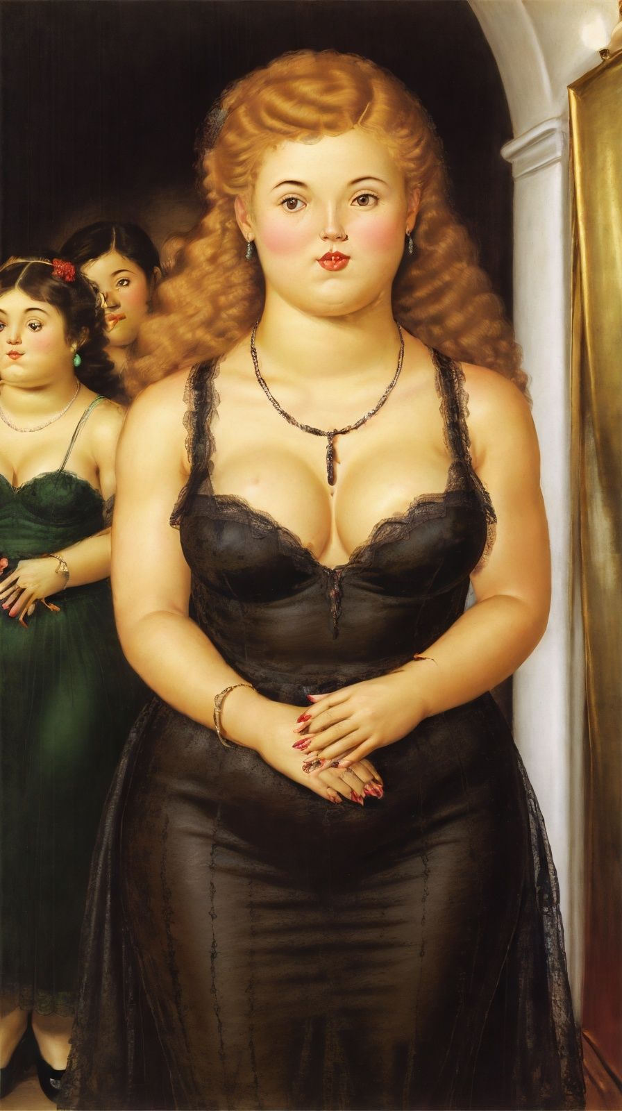  fat,Classic Hollywood charm, girls in stunning black evening dresses, dancing, graceful posture, dazzling accessories, (fox eyes, charming, charming eyes, red lips, flawless skin, large breasts),necklace, sparkling scattered scenes:: 2, exquisite details, high resolution, eternal elegance, portrait photography,Fernando Botero,mj,cozy